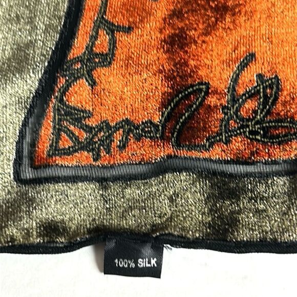 Silk Velvet Oblong Scarf Embroidered Burnt Orange Olive Green Black Lining - Picture 10 of 10